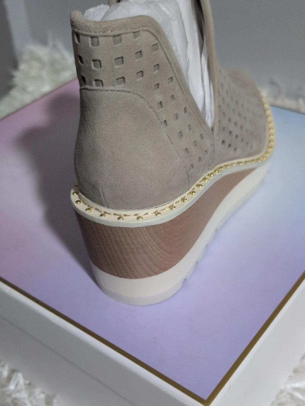 Celine Beige Perforated Wedge Bootie - Womens